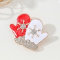 Christmas gloves brooches set in red and white alloy with rhinestone snowflake pattern - Red And White Glove Style