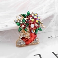 Broche chaussette de Noël en alliage doré avec strass rouges et verts pour les fêtes - Style de Panier de Fleurs Chaussette de Noël