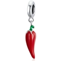 Red enamel chili pepper charm with green leaf detail and polished silver hanging ring - Silver Red