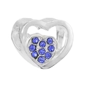 Silver hollow heart charm with pavé-set dark blue stones on a central small heart - Silver Double Layer Blue Heart Bead (024)