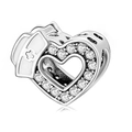 Silver heart charm bead with white enamel, nurse hat accent, and clear cubic zirconia - Nurse Cap Heart Hollow Bead Style (5278561255389)