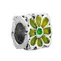 Silver alloy bead charm with green enamel petals and a sparkling green gemstone center - Green Gem Flower Cylinder Bead (028)