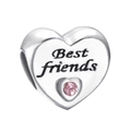Silver heart charm bead with Best Friends engraving and a pink crystal stone inlay - Best Friends Pink Heart Bead (029)