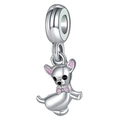 Silver Chihuahua puppy charm with pink enamel ears for DIY beaded bracelets - Chihuahua Dog Pink Enamel Bead (利耀-012) / Silver Pink
