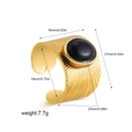 Detailed view of vintage 18K gold plated wide ring with black gemstone and ribbed texture - Retro Gold Black Wide Face Style (R713_3) / Gold Sunburst Black Agate (R713_3)