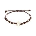 Adjustable brown leather cord bracelet with golden ocean wave charm and metallic beads - Brown Seagull