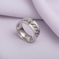 Polished silver stainless steel spinner ring with inlaid chain on purple fabric - US 12 / Steel