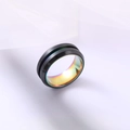 8mm black matte stainless steel ring with rainbow inner wall and center groove detail - US 6 / Black & Rainbow