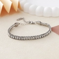 Bracelet double rang en acier inoxydable argenté avec zircons et fermoir réglable - Couleur Acier + Strass Blanc