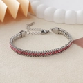 Bracelet élégant en acier inoxydable argenté avec doubles rangées de cristaux roses et fermoir - Couleur Acier + Strass Rose