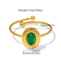 Détails d'une bague ajustable dorée avec pierre verte et mesures de taille précises - Ouvert Réglable / Bague ouverte ovale avec pierre verte (Bague 08)