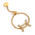 Adjustable 18K gold plated chain ring with Gemini zodiac sign and crystal pavé - Adjustable Zodiac Ring - Gemini