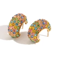 Thick C-shaped gold-plated hoop earrings with multi-colored pavé rhinestones - Gold - Multicolor Zirconia