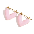 Créoles en forme de cœur émaillé rose et acier inoxydable plaqué or 18 carats - Boucles d'Oreilles Cœur Creux en Émail - Rose