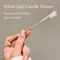 Handmade silver hair pin featuring a delicate white jade flower petal ornament - 25# White Jade Candle Hairpin - Silver