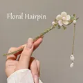 Golden flower hair pin with white petals, pearls and vintage tassel for Hanfu styling - Alloy Flower Style
