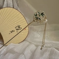 Elegant gold tassel hair pin with green enamel bamboo leaves and white pearls - Round Fan Bamboo Style