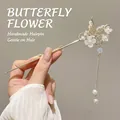 Golden butterfly flower hair stick with white pearls and tassels for Hanfu styling - Butterfly Pearl Flower Tassel (Gold)