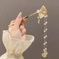 Golden fan-shaped hairpin with white flower petals and long pearl tassel charms - 43# Folding Fan - Pearl Tassel - Gold
