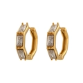 Modern gold octagonal hoop earrings with three rectangular zircon stones in a sleek design - White Zircon