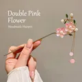 Elegant gold hairpin with pink resin flowers, white pearls, and long hanging tassels - Pink Double Flower Tassel (Gold)