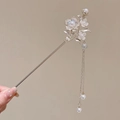 Silver-toned floral hair stick with translucent petals and elegant dangling pearls - Rose Branch Tassel Hair Stick (Gold)