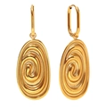 Golden U-shaped hoop earrings with oval spiral textured pendant in minimalist style - Sea Snail Fossil Pendant Earrings / Gold