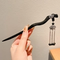 Minimalist black wooden hairpin with silver rose and long-life lock tassel pendant - Peace Lock Tassel Hair Stick