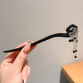 Minimalist black wooden hair stick with silver cloud metalwork and beaded tassels - Auspicious Cloud Black Bead Hair Stick