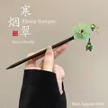 Sandalwood hairpin with green flower, gold bee detail and tassel for hair styling - Cold Smoke Green Style