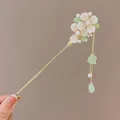 New Chinese style hair pin in gold with white flowers, green leaves and pearl tassels - 96# White Magnolia Double Flower Tassel Hairpin - Gold
