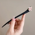 Sandalwood hair stick with pink flower and green leaf detail for Hanfu styling - One Gardenia Flower
