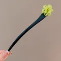 Elegant black wood hair stick with pale green floral blossoms for hanfu hairstyles - Green Flower Hair Stick