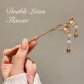 Elegant gold lotus hair stick with white pearls and delicate floral tassels - Double Lotus Short Pendant Double Pumpkin - Gold