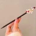 Classic Chinese wooden hair pin with white floral accents and golden filigree details - White Small Flower Wooden Hair Stick (1#) / White
