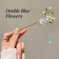 Golden handmade hair pin with light blue flowers, white pearls and long hanging tassels - Blue Double Flower Tassel Pendant Hairpin (46#) / Gold