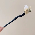 Minimalist dark wood hairpin featuring a white rabbit ornament and yellow blossoms - Jade Rabbit Breaking Laurel Sandalwood Hair Stick (84#) / Black