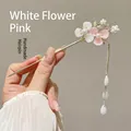 Elegant Chinese hairpin with pink resin petals, gold finish and long pearl tassel - White and Pink Double Flower Artificial Pearl Tassel Hairpin (69#) / Gold