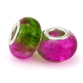 Pink and green gradient glass charm beads with crackle texture and metal core - Pink/Green Mixed Cracked Style (015)