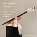 Handmade sandalwood hair pin with white and green petals, approximately 18cm long - Bi Yun Tian Handmade Floral Style (3#) / Black