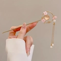 Golden hair stick with pink cherry blossoms and pearl tassels for Chinese hanfu - Pink Wreath Cat Eye Tassel Style (11#) / Gold