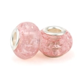 Two pink glass beads with ice crack patterns and large silver metal core for DIY bracelets - Pink Ice Cracked Style (025)