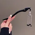 Classic black wood hair stick featuring silver lotus charm and metallic tassels - Lotus Silver Ornament Tassel Style (3#) / Black
