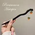 Minimalist ebony wood hair stick with orange glass persimmon pendant and gold chain - Persimmon Glass Pendant Style (7#) / Black