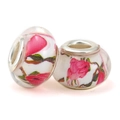 DIY large hole glass beads with white base and pink rose floral pattern for bracelets - White Rose (027)