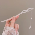Elegant Chinese style white resin hair pin with double ring design and metal tassels - White Ring Long Tassel Style (29#) / White