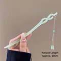 Elegant pale green faux jade hairpin with silver tassel and leaf pendant, 18cm length - Ruyi Long Tassel Style (27#) / Pale Green