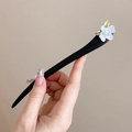 Elegant black wood hair pin featuring a white 3D flower and golden leaves accent - Gardenia Fragrance (2#) / Black and White