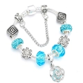 Luxurious silver snake chain bracelet with blue crystals and rose flower pendant charm - 16cm / Sky Blue