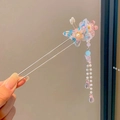 Elegant silver butterfly hair stick with pink flower and dangling pearl tassels - Colorful Butterfly Style